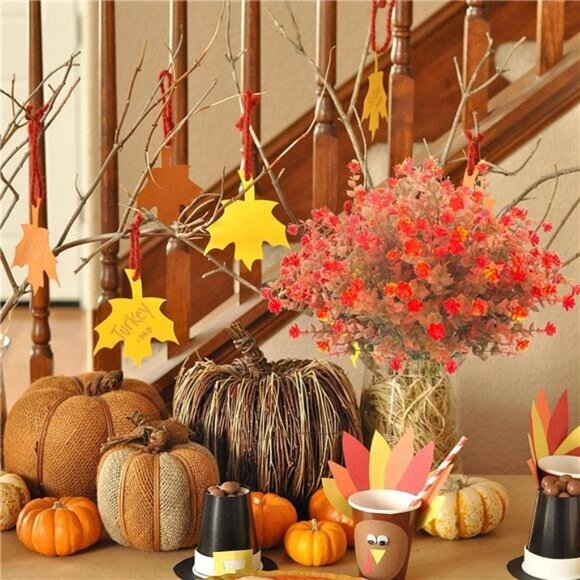Artificial Fall Flowers Fake Outdoor UV Resistant Autumn Plants for Home Kitchen - Picture 3 of 7